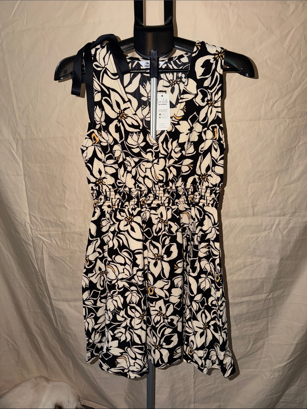 Cupshe Black Cream Floral Tie-Shoulder Smocked Mini Dress